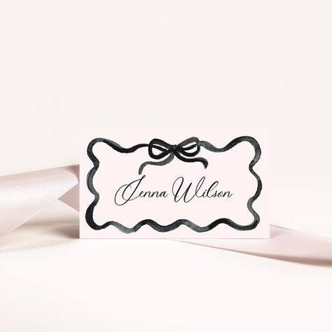 Scalloped Edge Invitation, Black And White Wedding Name Cards, Bow Name Place Cards, Elegant Place Cards, Bow Name Cards, Bow Place Cards, Vmfa Wedding, Watercolor Place Cards, Wedding Name Place Cards