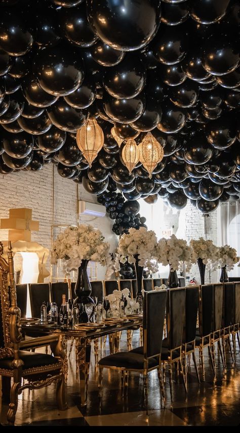 Black Tie Birthday Party Decoration, Lavish Birthday Party, Black Tie Birthday Party, All Black Party, Black Party Decorations, Dark Wedding Theme, Sneaker Ball, Marriage Ideas, 34th Birthday