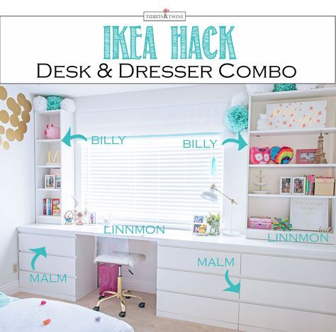 IKEA Hack - Custom Desk & Dresser Combo | TIDBITS&TWINE Desk Dresser Combo, Ikea Hack Kids, Ikea Built In, Ikea Desk Hack, Desk Hacks, Malm Dresser, Hack Ikea, Dresser Desk, Ikea Kids