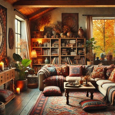 Bohemian in Fall #fall #falldecor #bohostyle #hippie Dreamy Decorations, Hippie Living Room, Bohemian Eclectic, Book Shelves, Distressed Furniture, Bohemian Design, Dream House Decor, House Inspo, Plant Decor