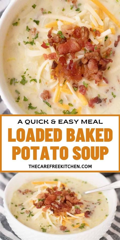 This Loaded Baked Potato Soup Recipe is creamy and delicious. It’s made with potatoes, chicken broth for lots of flavors and a dose of heavy cream. You can add bacon, sliced green onions, and shredded cheddar to turn this into the most amazing Loaded potato soup recipe. #thecarefreekitchen #soup #potato #bakedpotatosoup #loaded #potatosoup Potatoes Soup With Hashbrowns, Potatoe Bacon Soup Easy, Loaded Potato Soup Crockpot Frozen Potatoes, Bacon Potato Soup Recipe, Easy Loaded Potato Soup Using Hashbrowns, Fast Soups For Dinner, Outback Loaded Potato Soup, Cream Of Potato Bacon Soup, Loaded Potato Soup With Hashbrowns