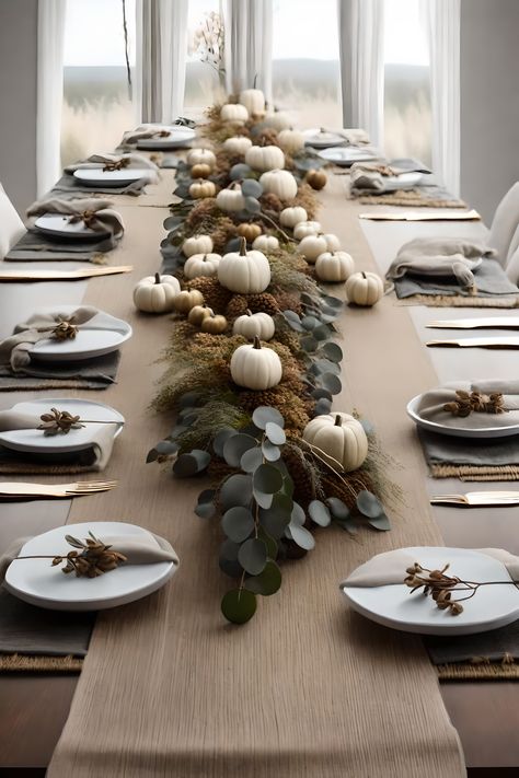 Neutral And Black Dining Table, Thanks Giving Table Setup, Neutral Dinner Table Decor, Neutral Holiday Tablescape, Fall Runners For Table, Black And White Fall Table Decor, Thanksgiving Table With Paper Plates, Dark Wood Table Setting, Dining Room Brown Table