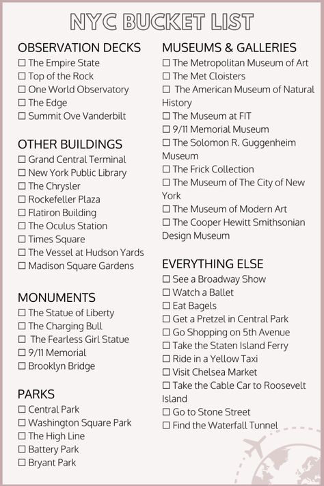 New York Todo List, New York Bucket List Things To Do In, New York Ideas Bucket Lists, New York City Bucket List Things To Do In, Travel Nyc Aesthetic, New York Guide Things To Do, New York City Packing List Fall, Manhattan Nyc Things To Do, Things To Pack For New York