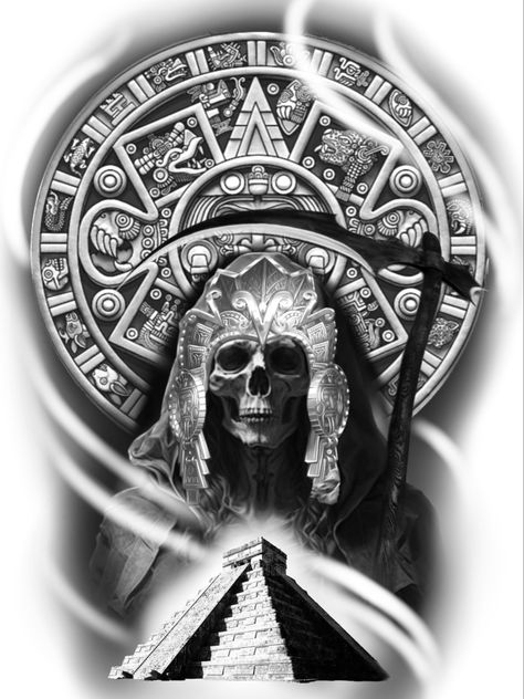 Aztec mayan santa muerte tattoo desing for men art drawing diseño Mexican Pyramid Tattoo, Jalisco Tattoo Ideas, Aztec Pyramid Tattoo Design, Narco Tattoos, Aztec Tattoo Designs Mayan Symbols, Mictecacihuatl Tattoo, Aztec Drawing Sketches, Men Art Drawing, Santa Muerte Tattoo For Women