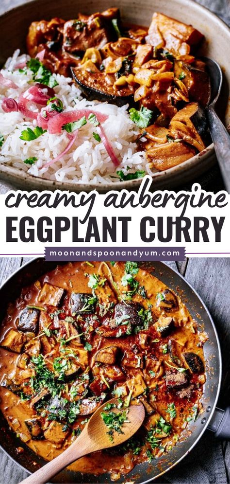 Need a comfort food idea? Satisfy your craving with this main dish for dinner! Made with coconut milk, this Aubergine Curry is super creamy and delicious while being vegan and gluten-free. You can even serve this eggplant curry as an easy side dish recipe! Eggplant And Broccoli Recipes, Aubergine Curry Coconut Milk, Eggplant And Basil Recipes, Potato Eggplant Recipe, Crockpot Eggplant Parmesan, Eggplant Coconut Milk, Eggplant Over Rice, Wfpb Eggplant Recipes, Coconut Milk Recipes Vegetarian