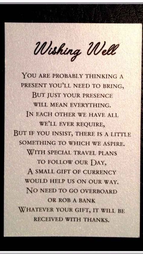 5 ways to ask for money instead of a gift - Plan a wedding - Forum Weddingwire.ca Wishing Well Poems, Wedding Anniversary Poems, Wedding Gift Poem, Money Poem, Wedding Cash Gift, Kim Wedding, Anniversary Poems, Wishing Well Wedding, 65th Wedding Anniversary