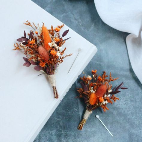 Burnt Orange Decor Wedding, Burnt Orange Buttonhole, Burnt Orange Wedding Boutonniere, Burnt Orange Groomsmen Attire, Burnt Orange Groom, Rust Boutonniere, Burnt Orange Boutonniere, Burnt Orange Wedding Flowers, Rust Terracotta Wedding