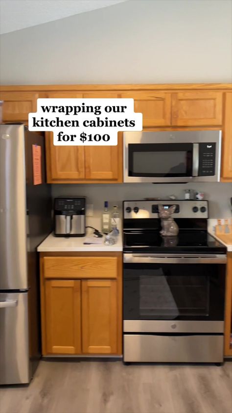 Rental Friendly Diy, Concrete Kitchen Cabinets, Renters Kitchen, Vinyl Wrap Kitchen, Wallpaper For Kitchen Cabinets, Renter Friendly Decorating, Cupboard Makeover, Rental Makeover, Wallpaper Cabinets