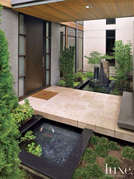 Modern Front Entry, Koi Pond Design, Kolam Koi, Pocket Garden, Modern Front Yard, Modern Entrance, Pond Landscaping, Pond Design, Ponds Backyard