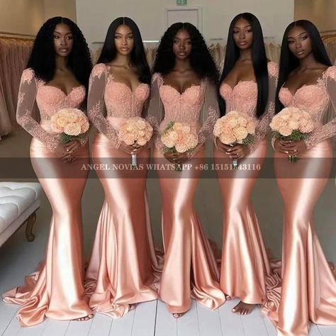 #bridesmaid#wedding#party#africabridesmaid Mermaid Long Bridesmaid Dresses With Sleeves, Bridesmaid Elegant Dresses, Long Sleeved Bridesmaids Dresses, Blush Bridesmaid Dresses Black Women, Wedding No Bridesmaids, Pale Peach Bridesmaid Dresses, Pink Bridal Shower Outfit For Guest, Wedding Made Of Honor Dresses, Rose Gold Bridesmaid Dress Black Women