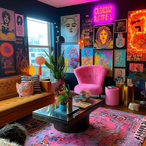 Funky Small Apartments, Salon Suite Decor Colorful, Dopamine Room Decor, Groovy Living Room Decor, Craft Brewery Aesthetic, Dark Eclectic Maximalism, Eclectic Apartment Decor Ideas, Retro Maximalist Decor, Weird Furniture Unique