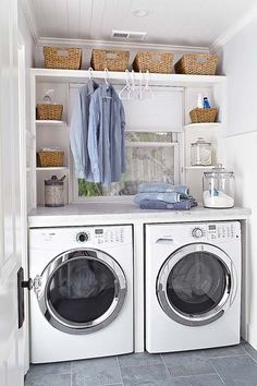 This laundry area has a marble countertop that echoes those in the bath. A new window brings in sunlight and fresh air. | Photo: David Fenton | thisoldhouse.com Laundry Room Decorating, Country Laundry Rooms, Laundry Room/mud Room, Storage Decor, Laundry Room Inspiration, Laundry Room Remodel, Laundry Closet, Small Laundry Rooms, Small Laundry Room