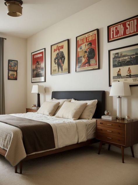 Add a touch of nostalgia to your bedroom with retro-inspired art prints. Hang vintage movie posters or album covers on the walls, and complement the theme with mid-century modern furniture pieces for a stylish and retro-chic bedroom design. Modern Retro Decor Bedroom, Mid Century Modern Bedroom Men, Movie Poster Bedroom Decor, Vintage Mcm Bedroom, Retro Inspired Bedroom, Mid Century Modern Condo, Mid Century Modern Guest Bedroom, Modern Bedroom Men, Bedroom Guy