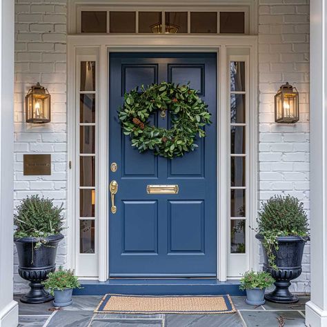 8+ Stunning Blue Main Entry Door Design Ideas • 333k+ Inspiring Lifestyle Ideas French Blue Door, Door Colors For Grey House, Blue Door White House, Main Entry Door Design, Cream Colored Houses, Bold Front Door, Outdoor Entryway Decor, Grey Front Doors, Main Entry Door