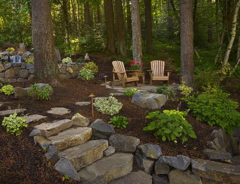 Enchanted Gardens - Gallery Sloped Yard, Sloped Backyard, Hillside Landscaping, Landscape Designs, Have Inspiration, Woodland Garden, House Landscape, Outdoor Landscaping, Backyard Oasis