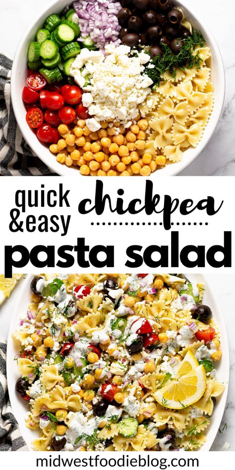 This vegetarian Chickpea Pasta Salad is loaded with a mixture of canned and fresh vegetables tossed in a simple oil and vinegar dressing. Then it’s drizzled with a creamy yogurt sauce and garnished with fresh chopped dill for a summer side dish (or main dish) unlike any you’ve had before! This pasta salad is quick, easy, and oh so satisfying! Chickpea Pasta Salad, Oil And Vinegar Dressing, Vegetarian Pasta Salad, Greek Chickpeas, Creamy Yogurt, Summer Side Dish, Simple Vinaigrette, Greek Salad Pasta, Best Pasta Salad