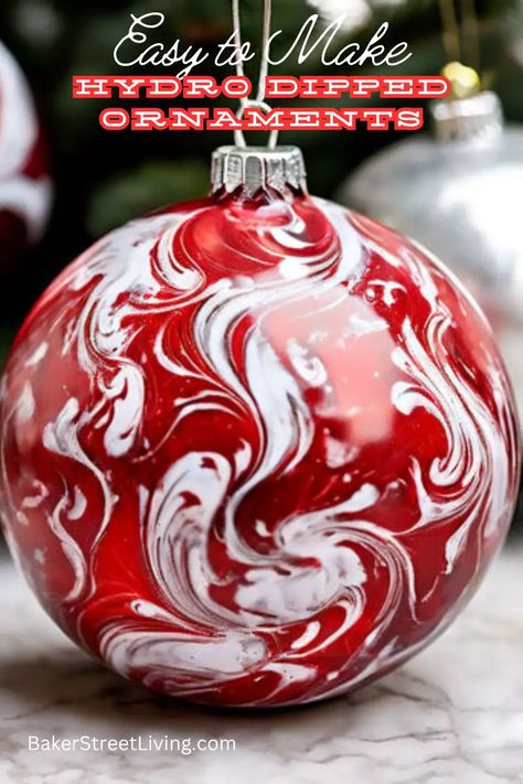 How to make easy DIY Hydro dipped ornaments - Baker Street Living Sequence Ornaments Diy Christmas, Unique Handmade Christmas Ornaments, Diy Styrofoam Ornaments, Mop And Glow Ornaments, How To Decorate Clear Plastic Ornaments, Dipped Christmas Ornaments, Ideas For Clear Plastic Ornaments, Red Christmas Ornaments Diy, Diy Christmas Balls Ornaments