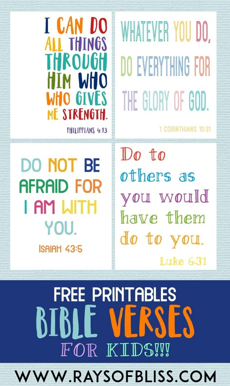 Kids Bible Verses Free Printables - Set of 4 - Rays of Bliss Kids Bible Verses, Scriptures For Kids, Verses For Kids, Bible Verses For Kids, Preschool Bible, Kids Bible, Bible Study For Kids, Bible Lessons For Kids, Bible Activities