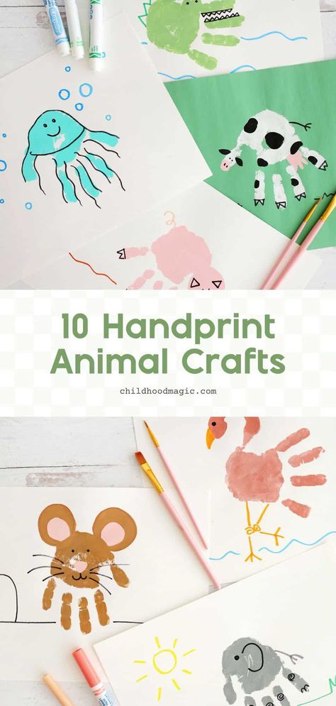 10 Handprint Animal Crafts That Kids Will Love! - Childhood Magic Hand Print Preschool Crafts, Hand Painting Art Kids, Spring Handprint Art Toddlers, Painted Handprint Ideas, Baby Footprint Painting Ideas, Hand Print Animals For Toddlers, Goat Handprint Craft, Simple Handprint Art, Handprint Animals For Toddlers