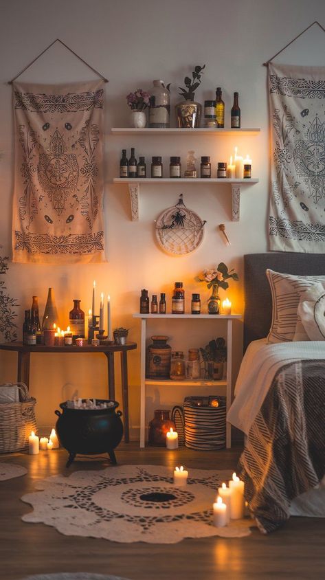 Witch Dorm Room Aesthetic, Witchy Room Bed, Bedroom Inspirations Witchy, Witch Inspired Bedroom, Room Esthetics Ideas, White Witch Bedroom, Diy Witchy Decor Bedroom, Small Goth Bedroom, Room Ideas Witchy