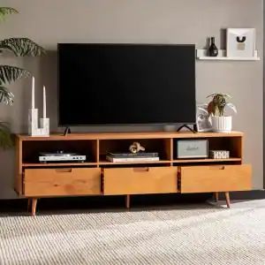 70 in. Caramel Solid Wood Boho Modern 3-Drawer TV Stand Fits TVs up to 80 in. Media Cabinet Ideas, Mid Century Modern Tv Console, Mid Century Modern Tv, Wood Mid Century, Storage Cubbies, Tv Console Modern, Tv Consoles, Mid Century Modern Tv Stand, Wood Tv Console