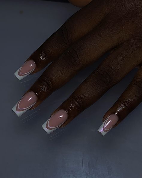 Double French and aurora chrome 🥰 #nails #nailsnailsnails #frenchnails💅 #nailsofinstagram #ogbanailtech #nailsinogba Double French Nails Coffin, French Tips Black Women, Xl French Tip Nails, White Chrome Acrylic Nails, Different Types Of French Tip Nails, Aurora Chrome Nails, Double French Manicure, Double French Tip Nails, Double French Nails