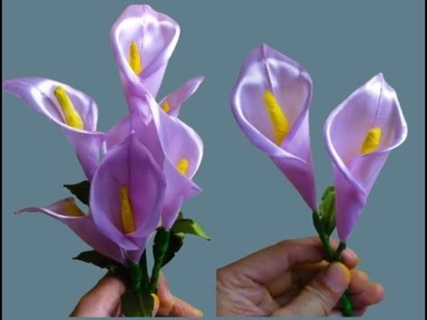 Ribbon Made Flowers, Silk Ribbon Flowers Tutorial, Ribbon Lily Flowers, How To Make Lily Flowers, Silk Ribbon Flowers Diy, Rebon Flowers, Making Flowers From Ribbon, Diy Flowers Out Of Ribbon, Diy Flower Making Ideas