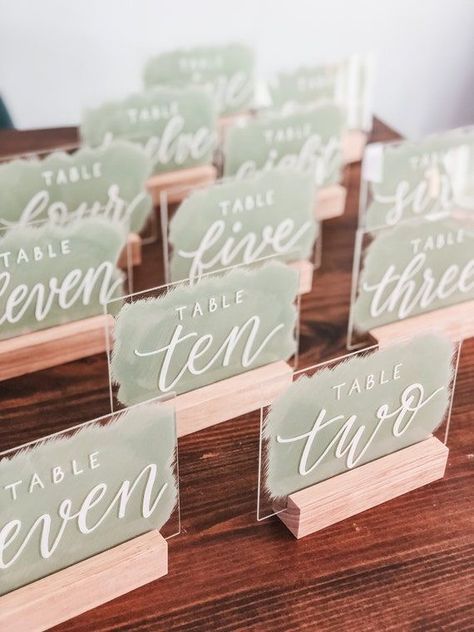 Neutral Greenery Wedding, Painted Acrylic Table Numbers, Calligraphy Table Numbers, Acrylic Table Numbers, Sage Wedding, Wedding Numbers, Clear Back, Painted Background, Sage Green Wedding