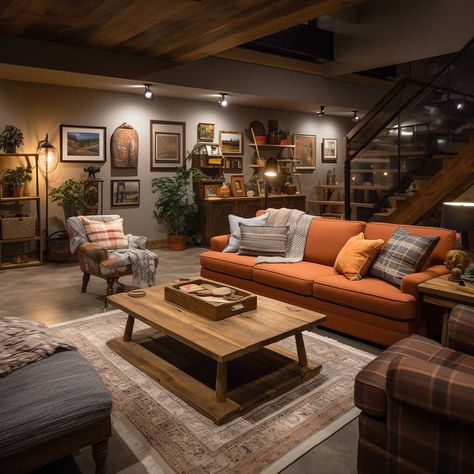 7+ Creative Ideas to Turn Your Basement into a Cozy Living Room • 333+ Images • [ArtFacade] Basement Living Room Ideas, Basement Living Room, Basement Colors, Rustic Family Room, Rustic Basement, Basement Living, Basement Inspiration, Basement Living Rooms, Cozy Basement