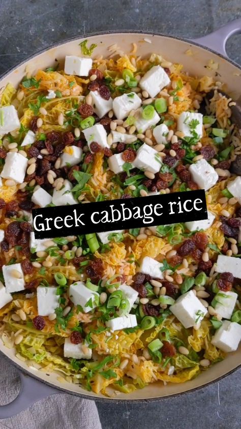 Greek Cabbage Rice, Greek Cabbage, Rice And Cabbage, Lunches For The Week, Drink Video, Cabbage Rice, Creamy Feta, Rice Food, End Of The Week