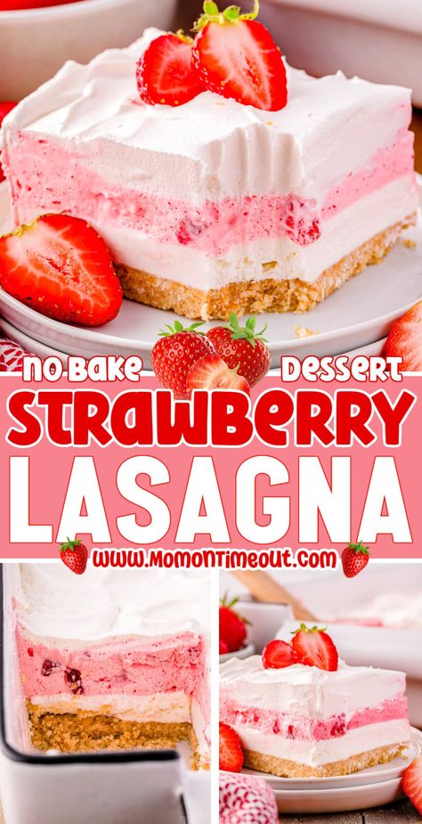 This gorgeous Strawberry Lasagna is a delicious no bake, four layer dessert that is wonderfully refreshing, light, and oh-so-pretty! Layers of creamy cheesecake filling, sweet strawberry goodness, and a touch of buttery cookie crust, all topped whipped cream and fresh strawberries. It's the perfect dessert for potlucks and barbecues or simply satisfying your sweet tooth on a warm summer night. | MomOnTimeout.com Strawberry Lasagna With Golden Oreos, Strawberry Cream Dessert Recipes, Strawberry Lasagna Recipe, Cool Whip Strawberry Dessert, Strawberry Dream Whip Dessert, Strawberry Pudding Recipe, Leftover Strawberry Recipes, Strawberry Delight No Bake Dessert, Strawberry Lasagna Desserts No Bake