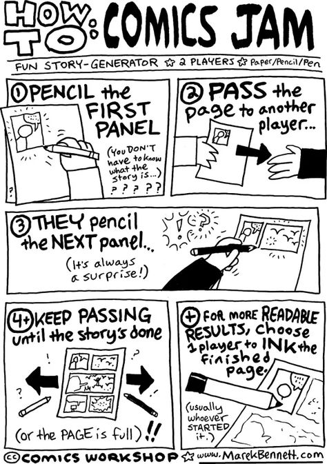 How to COMICS JAM – www.MarekBennett.com How To Storyboard A Comic, Comic Making Tips, How To Make A Comic, Comics To Read, Teen Activities, Art Professor, Making Comics, Story Generator, Storyboard Drawing