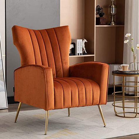 Amazon.com: Artechworks Curved Tufted Accent Chair with Metal Gold Legs Velvet Upholstered Arm Club Leisure Modern Chair for Living Room Bedroom Patio, Caramel Color, Orange : Home & Kitchen Orange Accent Chair, Single Couch, Deco Orange, Gold Sofa, Art Deco Chair, Deco Chairs, Tufted Accent Chair, Bedroom Patio, Chair For Living Room