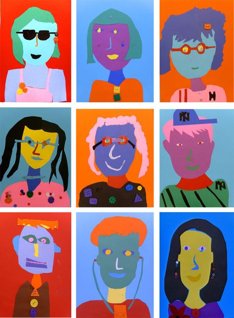 Abstract Paper Portrait Art Lesson Self Contained Art Projects, Abstract Portrait Painting Faces Easy, Kids Self Portrait Ideas, Whole Class Art Project, Year 3 Art, Portrait Art Lesson, Student Portrait, 3rd Grade Art Lesson, Third Grade Art