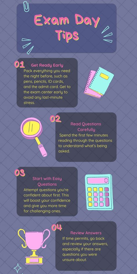 On exam day, stay calm and focused. Start with sections you're strongest in to build confidence. Keep an eye on the clock, managing your time efficiently for each section. Don’t spend too long on tough questions—move on and return later if time permits. Read all questions carefully, and avoid careless mistakes. Stay hydrated, get good sleep the night before, and trust your preparation.
#exam #examtips #examprep #clatprep Cramming For Exams Tips, How To Prepare For Exams, How To Cram For An Exam The Night Before, Clat Exam, How To Cram For Exams, How To Prepare For Competitive Exams, Exam Preparation Tips, Gate Exam Preparation For Cse, Exam Day