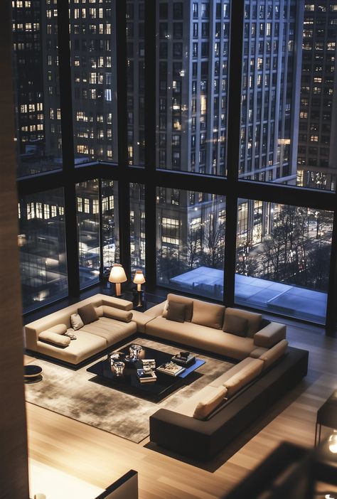 Nighttime Penthouse Elegance - Vave BG Penthouse Modern Interior Design, Nyc Penthouse Aesthetic Old Money, Korean Penthouse Luxury, New York Penthouse Luxury, Nyc Penthouse Aesthetic, Modern Penthouse Interior, Penthouse Lobby, New York Penthouse Aesthetic, Black Penthouse