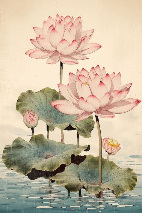 Japanese Plant Art, Japanese Flowers Art, Lotus Flower Botanical Illustration, Japanese Flower Illustration, Lotus Chinese Painting, Lotus Illustration Design, Lotus Drawing Art, Chinese Art Flower, Japanese Art Flowers