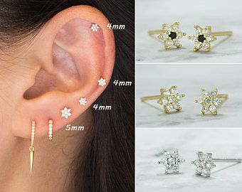 Tiny & Dainty Flower Shaped 4 CZ Stud Earrings | Etsy Earring Ideas For 4 Holes, Top Ear Piercing, Stacking Earrings, Second Hole Earrings, Ear Piercing Studs, Earrings Stacking, Cool Ear Piercings, Tiny Hoop Earrings, Stacked Earrings