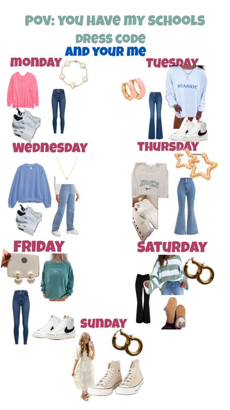 my type of fits for the weeks Outfits I Wore To School This Week, Plan Outfits For The Week, What I Wore To School This Week, Days Of The Week Outfits Organizer, Meme Day Outfits Spirit Week Ideas, Monday Outfits, School Dress Code, Outfit Of The Week, Monday Outfit