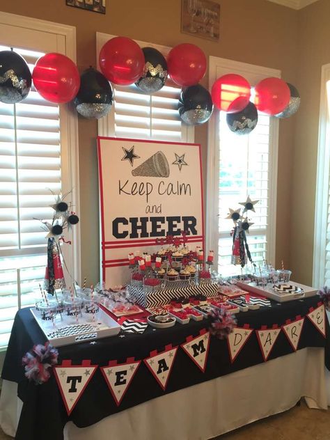 TEAM DARE Cheerleading Kickoff Party | CatchMyParty.com Cheerleading Themed Birthday Party, Cheerleader Party Ideas, Cheer Party Ideas, Cheerleading Party Decorations, Cheerleading Banquet, Cheerleader Birthday Party, Cheerleading Birthday, Cheer Decorations, Cheer Birthday Party