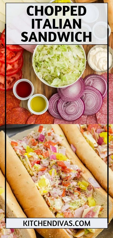 Collage of overhead shot of chopped Italian sandwich ingredients at top and overhead shot of chopped Italian sandwich at bottom. Margherita Pizza Recipe Easy, Chopped Salad Sandwich, Pepperoni Sandwich, Chopped Italian Sandwich, Chopped Sandwich, Deli Style Sandwiches, Salami Sandwich, Salami Recipes, Sweet Appetizer