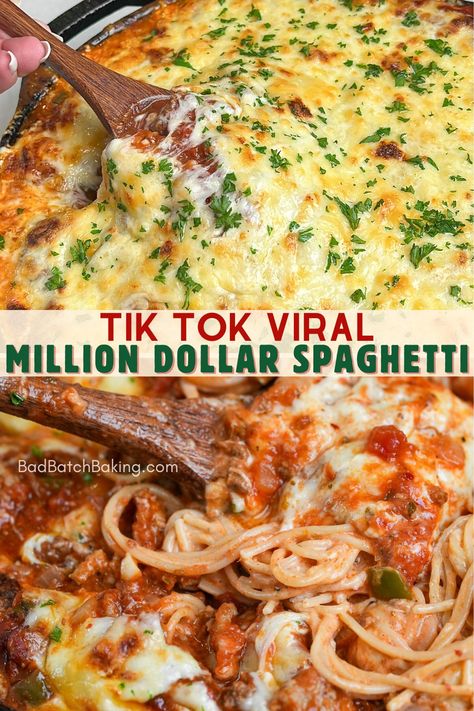 Tik Tok Million Dollar Spaghetti – Bad Batch Baking - Restaurant... Yummy Spaghetti Recipes, Tim Tok Spaghetti, What To Do With Spaghetti Sauce, Million Dollar Spaghetti Recipe Easy, Tik Tok Dinner Ideas, Tic Tok Spaghetti Alfredo Easy, Til Tok Spaghetti, Baked Spaghetti Recipe Tik Tok, Moms Spaghetti Bake