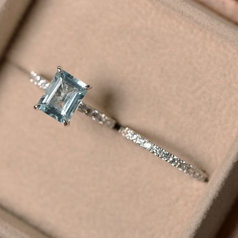 Aquamarine engagement ring sterling silver emerald cut Engagement Rings Aquamarine, March Birthstone Ring, Silver Ring Set, Aquamarine Engagement Ring, Silver Jewelry Design, Ring Emerald, Aquamarine Jewelry, Engagement Ring Cuts, Aquamarine Rings