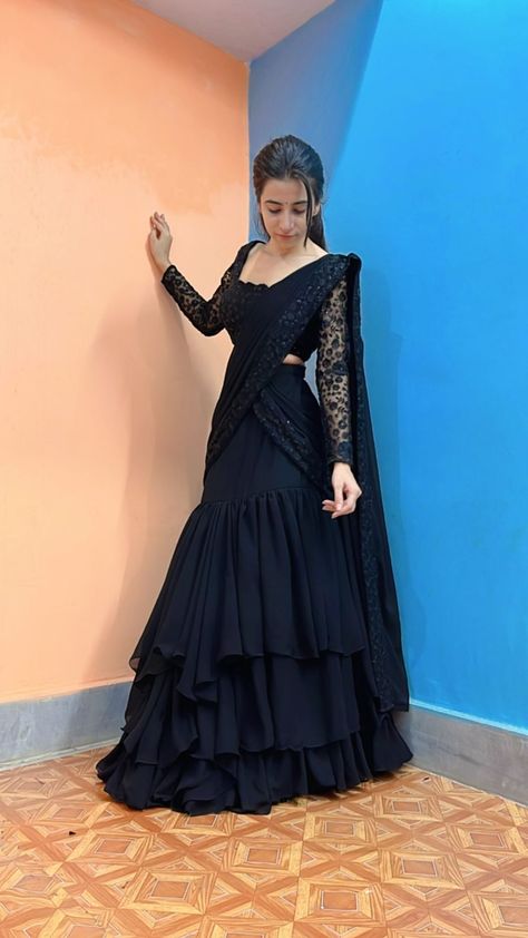 YOUR DREAMY BOUTIQUE | BLACK COLOUR LEHENGA SAREE, Ready-to-wear 🖤 Description: sequins & thread work blouse, Georgette fabric for saree, Border work on pallu, … | Instagram Designer Black Saree, Part Wear Dresses Designs, Ready To Wear Saree For Wedding, Idea For Dress Design, Black Ready To Wear Saree, Ready To Wear Saree Party Wear, Wedding Wear Dresses For Women, Dresses With Sarees, Lahanga Saree