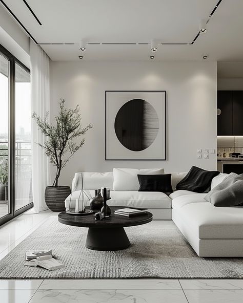 White Couch Living Room Black Accents, Apartment Inspo Black And White, Black And White Decor Aesthetic, Black And White Furniture Living Room, Black And White Living Room Decor Modern Interior Design, White Wall Interior Design, Black White Gray Living Room, White Living Room Ideas Modern, White Wall Living Room Ideas