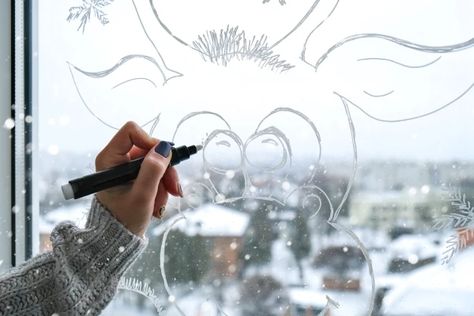 How to Paint Windows for the Holidays | Glass Painting Christmas Window Scene Painting, How To Window Paint For Holidays, Painted Window Art Ideas, How To Draw On Windows For Christmas, How To Do Window Painting, Window Painting How To, How To Paint Glass Windows, Christmas Glass Painting Ideas Window, Painted Christmas Windows Diy