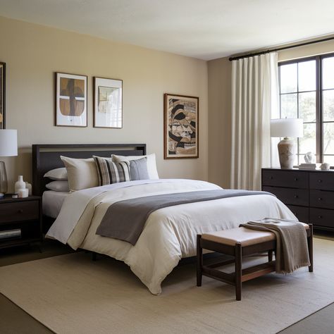 Refresh a men's bedroom with a sleek, modern touch by using a neutral color palette like gray, navy, and earthy tones. Upgrade the bed with high-quality sheets, a textured duvet, and layered pillows for added comfort. Choose stylish, functional furniture such as a platform bed, minimalist nightstands, and a dresser in dark wood or metal finishes. Enhance the space with modern lighting, like bedside lamps and a statement overhead fixture. Bed Minimalist, Refresh Man, Men's Bedroom, Minimalist Nightstand, Textured Duvet, Dark Wood Furniture, Mens Bedroom, Bedside Lamps, Bedroom Refresh