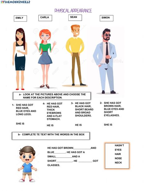 Parts Of The Body Worksheet, Worksheet For Adults, Adjectives To Describe People, Body Worksheet, English For Students, Carla Brown, Esl Resources, Physical Appearance, Parts Of The Body