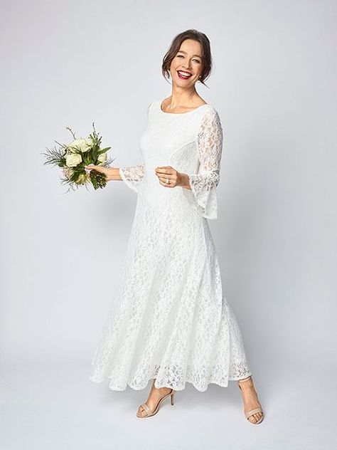 Clothing, Sleeve, Dress, Shoulder, Textile, Photograph, Joint, Bridal clothing, White, Facial expression, Wedding Dress Over 40, Wedding Dresses For Older Women, Older Bride Dresses, Older Bride Wedding Dress, Casual Beach Wedding Dress, How To Dress For A Wedding, Second Wedding Dresses, Western Wedding Dresses, Occasion Wear Dresses