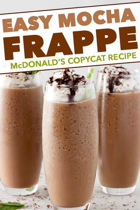 Make your own McDonald’s Mocha Frappe at home with this easy copycat recipe! The perfect cold coffee drink for Spring and Summer! #frappe #mocha #copycat #mcdonalds #frozencoffee #coffee #frozen #iced #chocolate Mcdonalds Mocha Frappe Recipe, Frappe At Home, Mcdonalds Mocha Frappe, Copycat Mcdonalds, Mocha Frappe Recipe, Frozen Coffee Drinks, Iced Chocolate, Homemade Frappuccino, Frappe Recipe